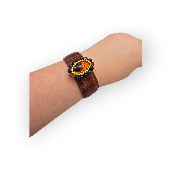 Amber Glass Beaded Center – Brown Faux Leather Wide Cuff Bracelet - Picture 2 of 9